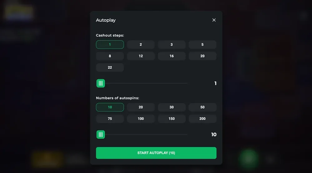 Lucky Ducky autoplay menu to set cash out steps and number of autospins