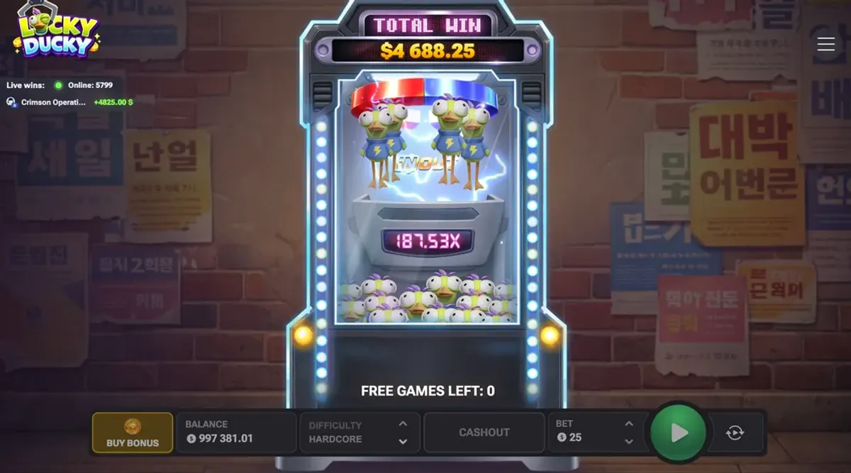 Lucky Ducky free games round in play, free spins running on the claw machine